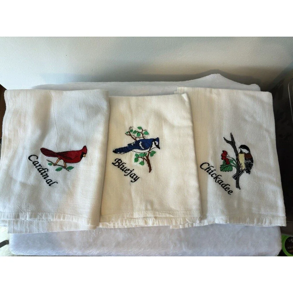 Set 3 Embroidered Bird Tea Towels Cardinal Bluejay Chickadee Vintage Cottagecore